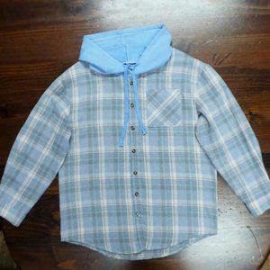 Women's Sky Blue Plaid Print Pocket Drawstring Hooded Jacket Shirt--Medium--New
